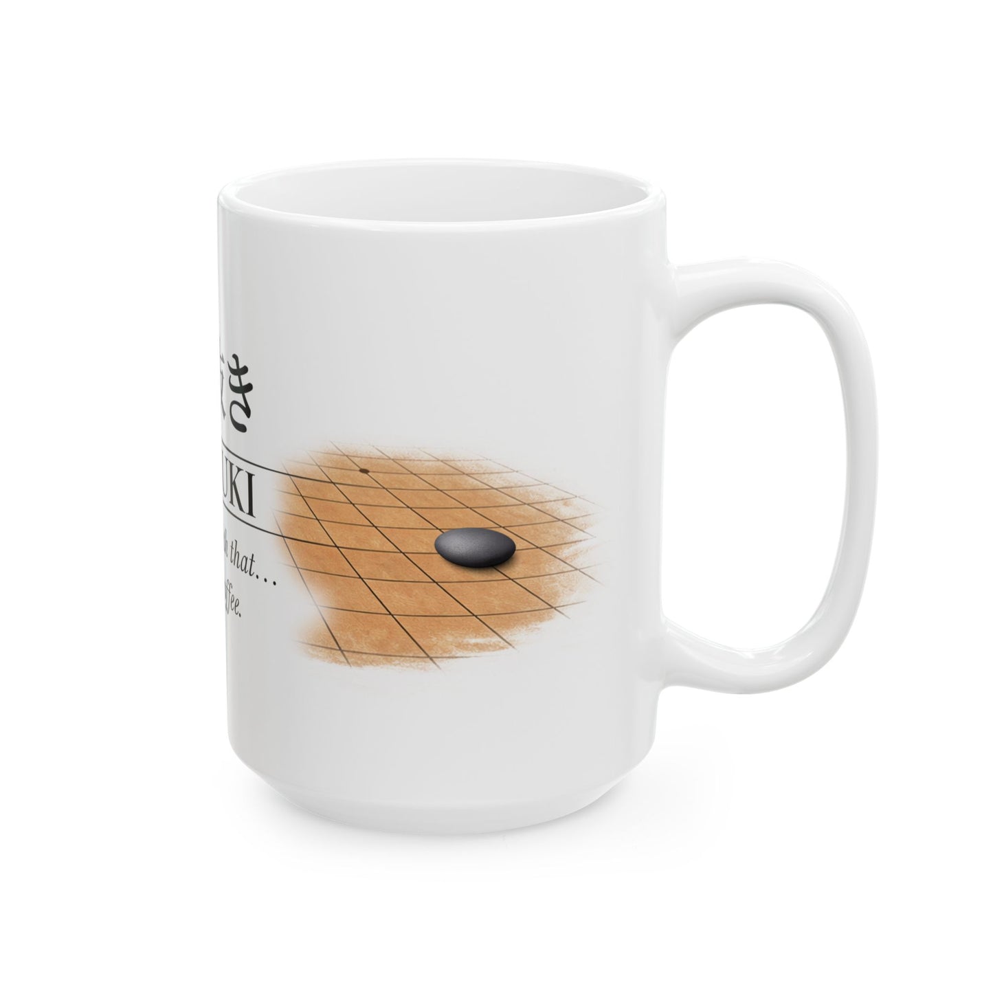White mug with a design of a stone on a Go board