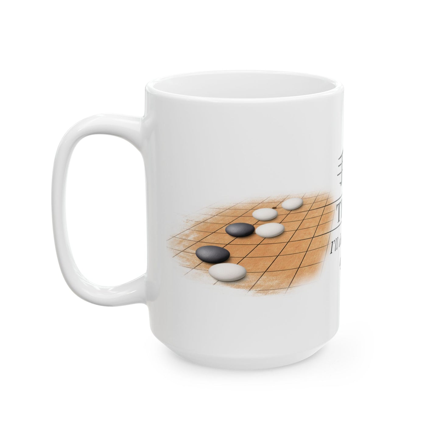 White mug with a design of Go stones on a wooden board.