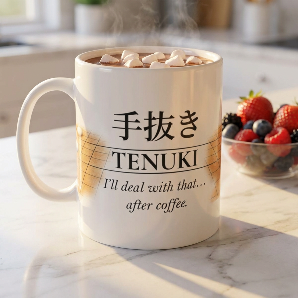 White mug with Japanese text and English phrase, filled with hot chocolate and marshmallows, on a marble surface.