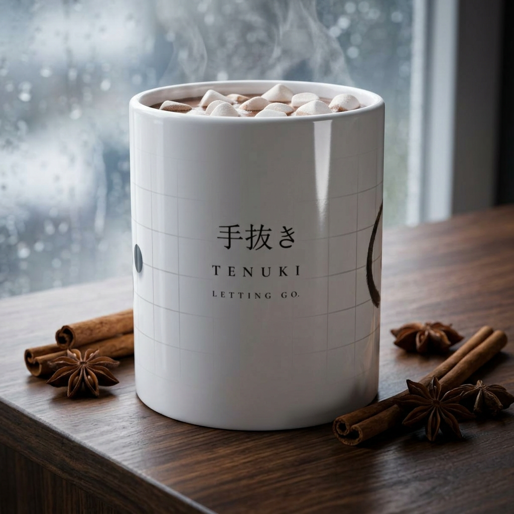 White container labeled 'TENUKI' with steam rising, surrounded by cinnamon sticks and star anise on a wooden surface.