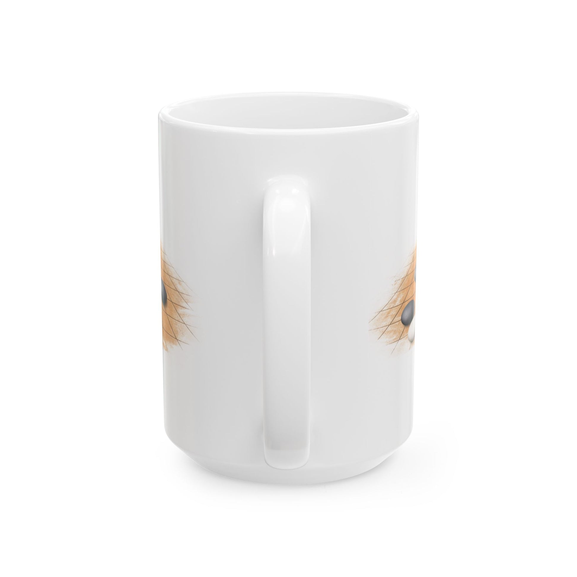 White mug with a small animal design on a white background