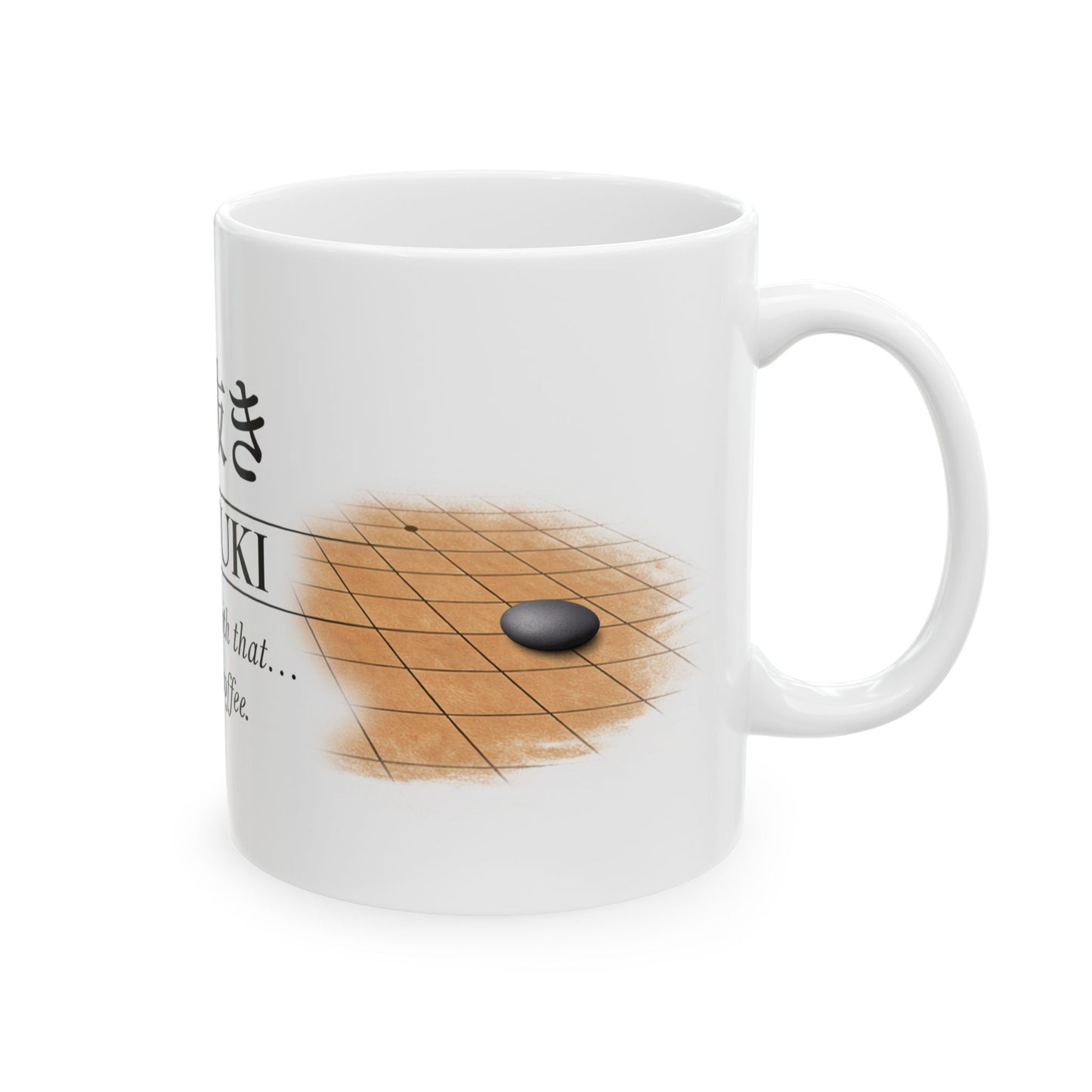 White mug with a design of a go board and stone on a white background